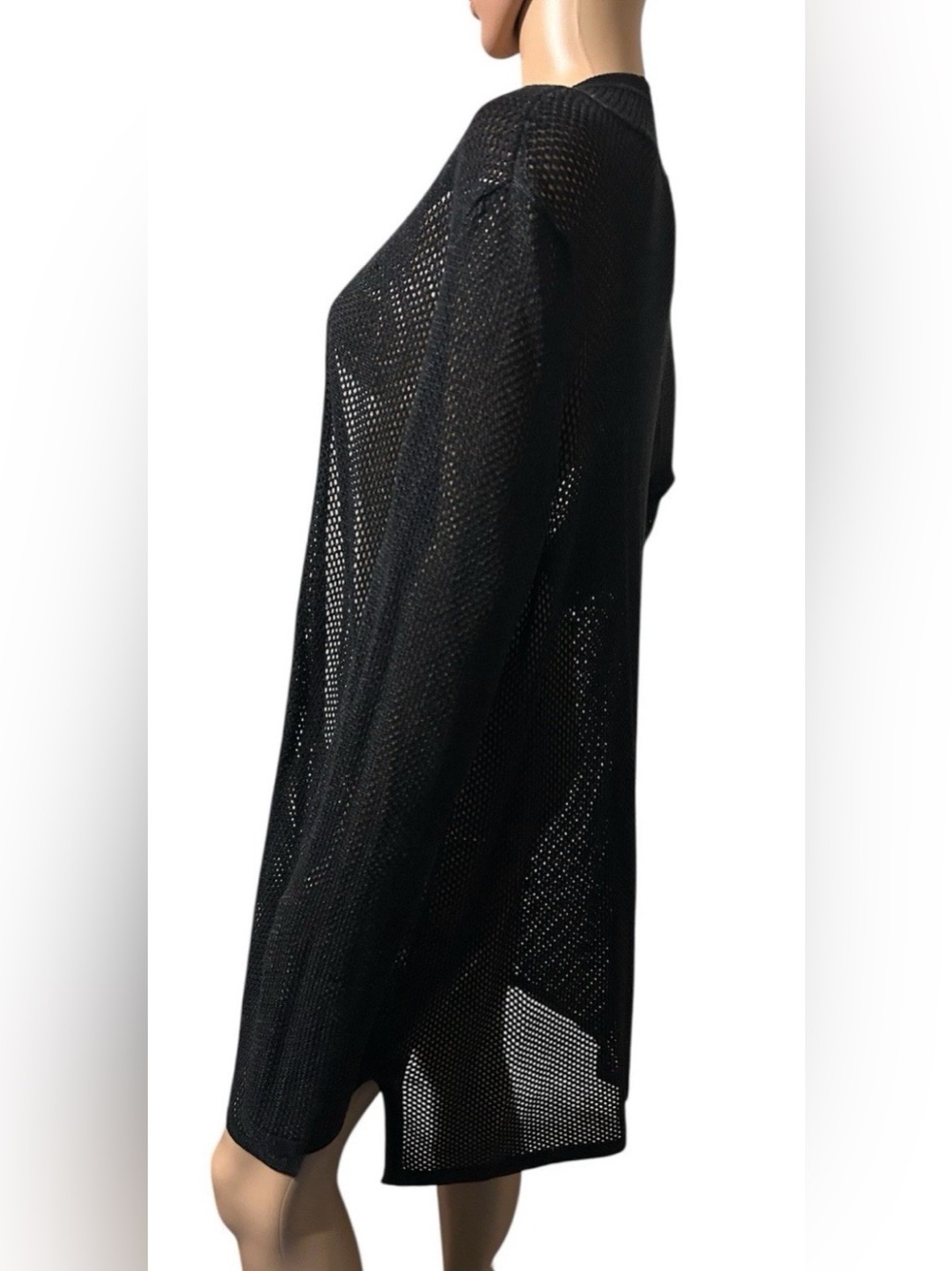 Eileen Fisher Tencel Pointelle Black Open-Knit Mesh Cardigan Coastal Women M